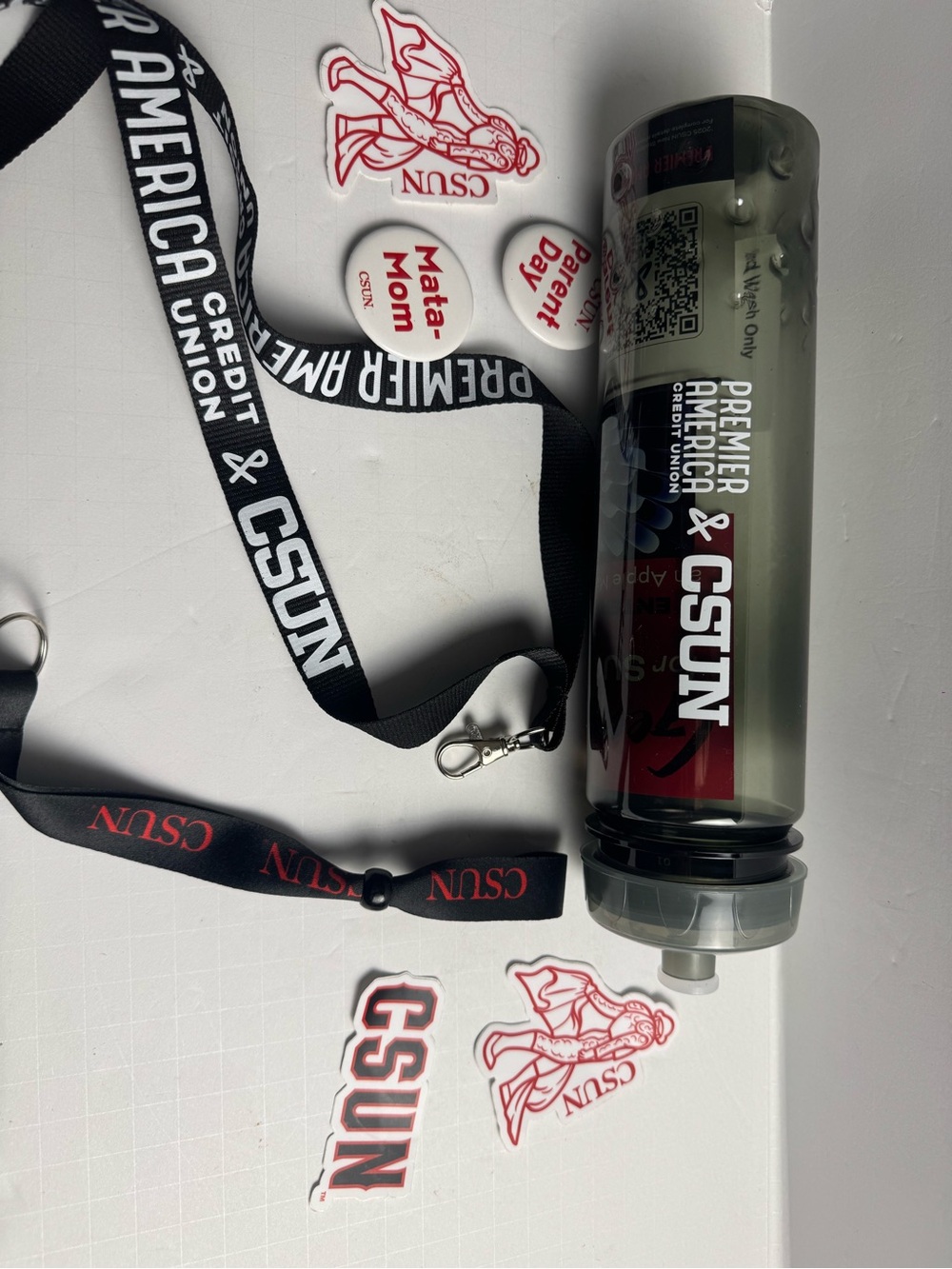 CSUN Swag lanyard, Water bottle, Pins, Stickers Cal Northridge